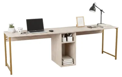 Produktbild von Schreibtisch Caprioli, Mehrzweckschreibtisch, Bürotisch für PC, Eckschreibtisch, 240x60 h74 cm, Beige und Gold