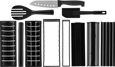 A collection of black kitchen utensils and sushi-making tools laid out on a white background.