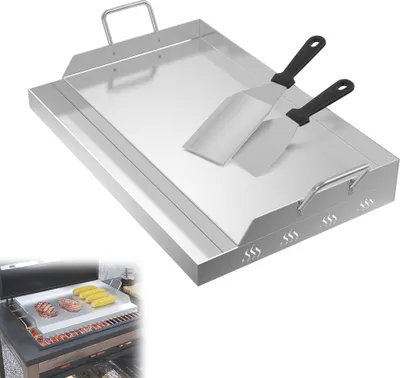 Produktbild von LZQ Grilovací deska z nerezové oceli s rukojetí 51x32x7 cm, rovnoměrné rozložení tepla pro plynové grily a grily na dřevěné uhlí - Včetně 2x grilovací špachtle, nerezová a odolná proti poškrábání