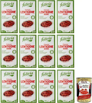 Produktbild von 12x Felicia Sedanini di Lenticchie Rosse,Pasta mit 100% Roten Linsen aus der Italienischen Lieferkette,Bio und Natürlich Glutenfrei,Packung mit 250g + Italian Gourmet Polpa di Pomodoro 400g Dose