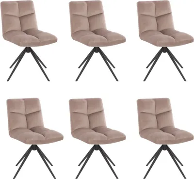 A set of six identical dining chairs arranged in two rows of three against a white background.