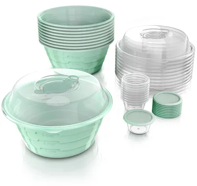 Produktbild von Arendo Meal Prep Schüsseln 10er Set je 950 ml, Vorratsdosen Kunststoff PP, transparenter Deckel mit Saucendose 40 ml, Messskala, mikrowellengeeignet, Durchmesser 18 cm, mint