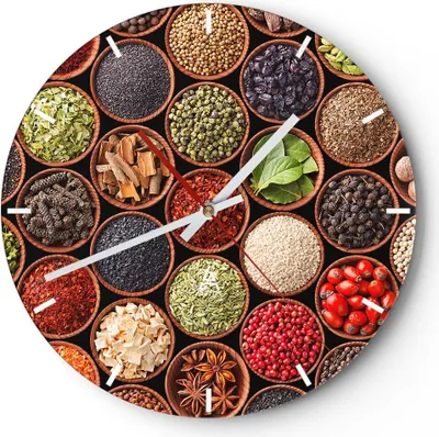 Produktbild von Wanduhr - Rund - Glasuhr - Gewürz Küche - 30x30cm - Schleichendes Uhrwerk - Lautlos - zum Aufhängen bereit - Dekoration Modern - Wanddekoration aus Glas - C3AR30x30-3600