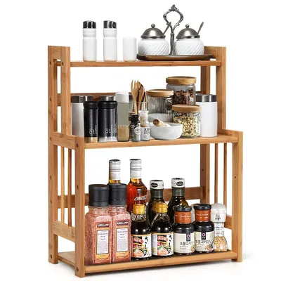 Immagine prodotto di COSTWAY Portaspezie a 3 livelli con un ripiano regolabile in altezza, scaffale angolare da cucina in bambù, scaffale da cucina, scaffale da cucina, scaffale da scrivania ideale per cucina, bagno o studio