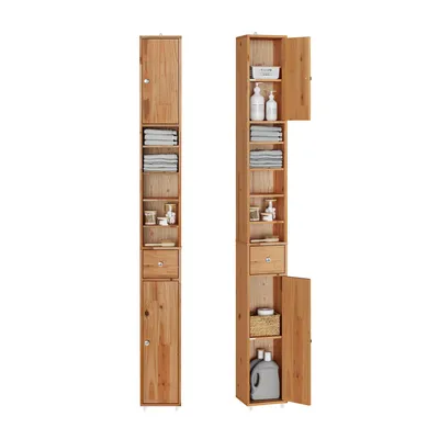 Produktbild von SoBuy Badezimmerschrank Hochschrank für kleine Bäder mit verstellbaren Einlegeböden Platzsparender Schmal Badschrank für Waschbecken Natur BZR34-II-SH