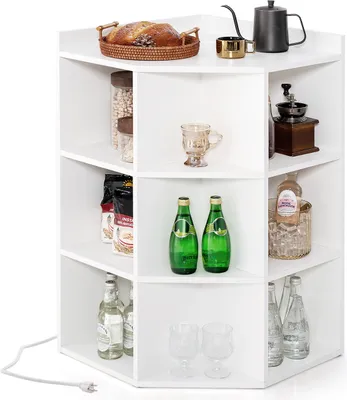 A white, three-tiered corner shelf unit displaying various kitchen and pantry items.