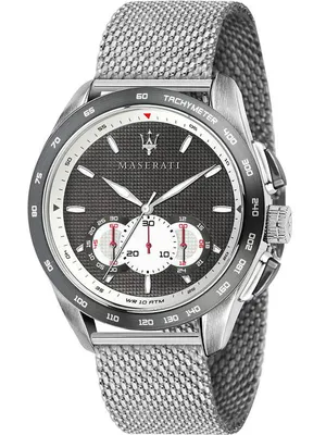 A close-up of a Maserati watch with a silver mesh band and a dark gray dial.