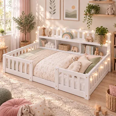 Productafbeelding van INONEFT Kinderbed, grondbed, 140x200 cm, met valbeveiliging, kinderbed met opbergruimte en open plank, bed voor kinderen, tienerbed, geschikt voor jongens en meisjes