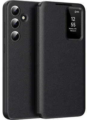 Produktbild von Leder Flip Case für Samsung Galaxy A55, Smart View Fenster Handyhülle mit Kartenfach Schwarz