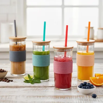 Produktbild von 4er Set Glas mit Deckel 400ml Bunt Strohhalm Bambusdeckel Trinkbecher Trinkgläser Eiskaffee Longdrink Smoothie Sommer