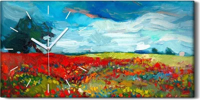 Produktbild von Küchenuhr Bürouhr Leinwand Uhr Geräuschlos Kunstdruck 60x30 Feldmohnblumen - weiße Hände