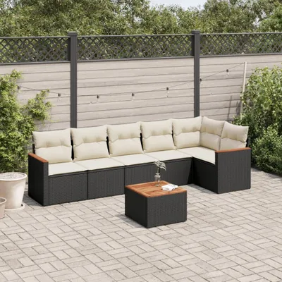 Produktbild von Design 7-tlg. Garten-Sofagarnitur mit Kissen Schwarz Poly Rattan, Gartenmöbel-Sets 2024 Neu