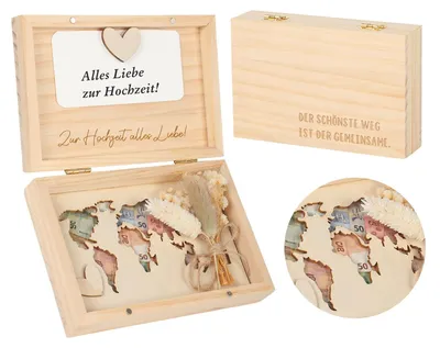 Produktbild von Geldgeschenk Hochzeit Weltkarte aus Holz - Hochzeitsgeschenk mit getrockneten Blumen