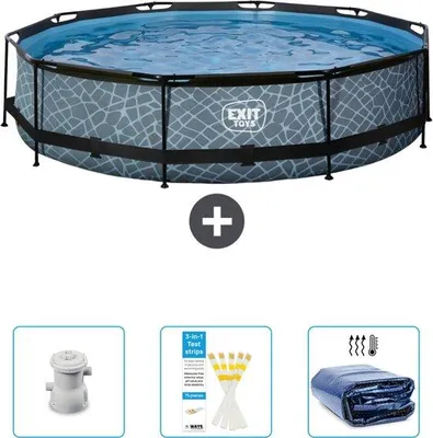 Produktbild von Rundes Schwimmbecken mit Steinsteinrahmen - 360 x 76 cm - Mit Pumpe - Testrips - Solarjalousie - Jetzt besonders günstig