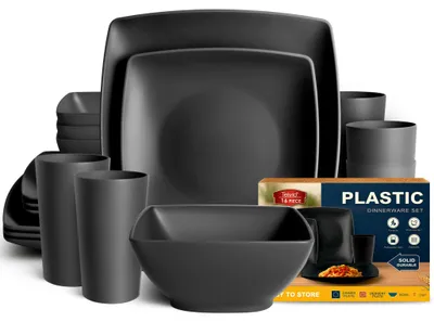 Zdjęcie produktu dla Zestaw naczyń plastikowych 16-elementowy dla 4 osób kwadratowy czarny na kemping i piknik
