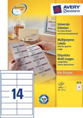 Obrázok produktu pre Avery 3678, Samolepiaci štítok, Biela, Papája, Obdĺžnik, A4, 9,7 cm