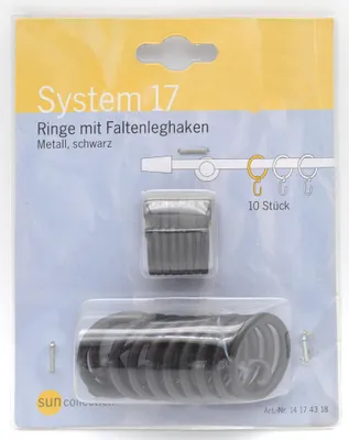 Produktbild von 10 Stück Ringe mit Faltenlegehaken Metall Schwarz System 17 für Stilgarnituren 16 mm