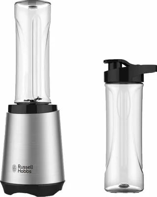 A silver Russell Hobbs personal blender with a transparent blending cup and a separate transparent travel cup with a black lid. The blender base is cone-shaped and has the Russell Hobbs logo on it.