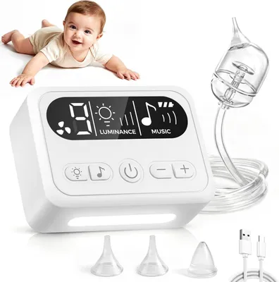 Produktbild von Baby Nasensauger mit 9-Stufen-Saugkraft, 3 Silikonaufsätze, Nachtlicht, Anti-Backflow, Lieder & Silikonaufsätzen