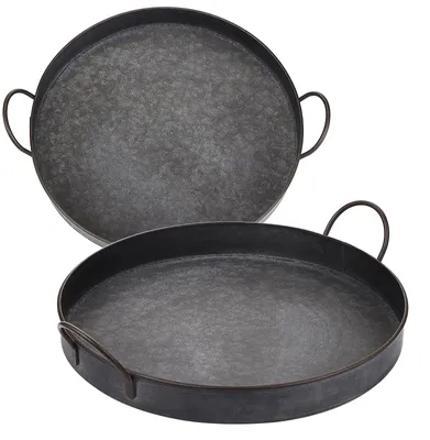 2 runde Metall-Tabletts mit Henkeln, 29,5+25,5 cm, silber
