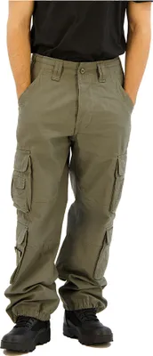 A person wearing olive cargo pants and black boots.