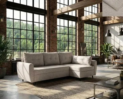 Produktbild von Ecksofa SINDIA Nordelo mit Schlaffunktion und Bettkasten Universal L/R 246 cm Stoff GLOW 3 HELLBEIGE