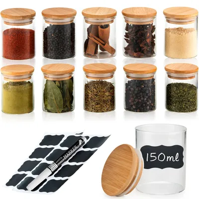 Produktbild von Luftdichte Vorratsgläser mit Bambus-Deckel - 10er Set - Teedosen, Gewürzgläser, Keksdosen, Vorratsbehälter, Gläser - 16 Klebeetiketten & Kreidestift - Ø 6,5 cm, Höhe 8,5 cm, 150 ml