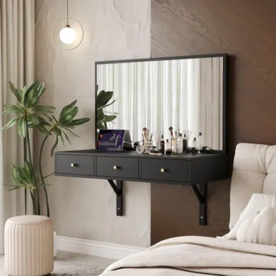 Produktbild von Schminktisch Hängender mit Spiegel,3 Schublade und Steckdosen,Kosmetiktisch 100×105×45 cm (B×H×T)