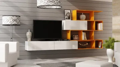Produktbild von Mediawand Wohnwand 3 tlg - SKY - Weiss HGL / Orange