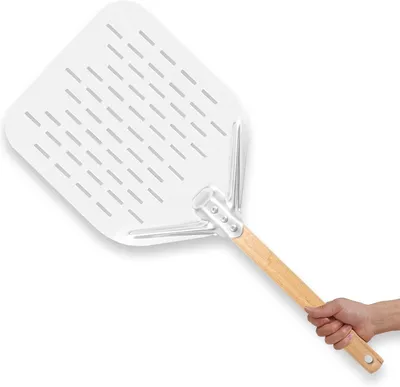 Produktbild von Pizzaschieber Perforiert, Pizzaschaufe, 12 Zoll Aluminium Pizzaschaufel Perforiert mit Abnehmbarer Holzgriff, Silber