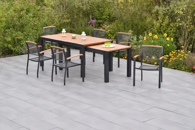 Produktbild von Merxx Gartenmöbel Set Tilos 7tlg., 6 Stapelsessel, Flex Ausziehtisch 180 (180) x 100 (83) x 80 (74) cm- Aluminium/Akazie
