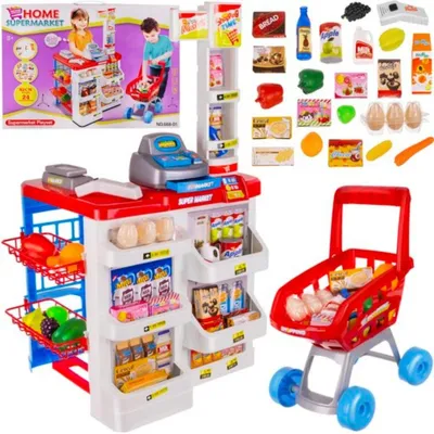 Produktbild von Spielzeug-Supermarkt mit Ton und Licht, 41x50x82 cm, Einkaufswagen 29x20x41 cm, Papierbanknoten, offenem Ladenkühlschrank