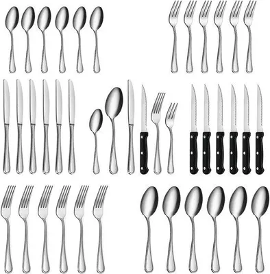Produktbild von 36-teiliges Besteck-Set aus Edelstahl für 6 Personen, hochglanzpoliert, inklusive Steakmessern, Gabeln und Löffeln, spülmaschinenfest