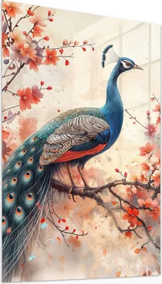 Produktbild von Glasbild 50x75cm in XXL für Wohnzimmer, Schlafzimmer Motiv Pfau und Blüten