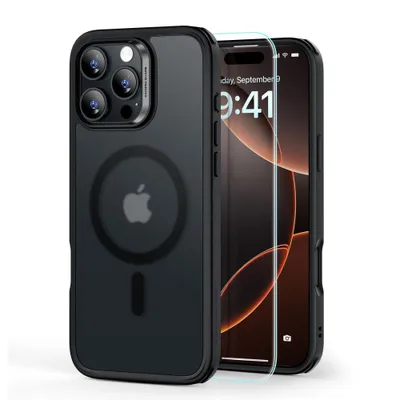 A black iPhone case with a screen protector is shown against a white background.