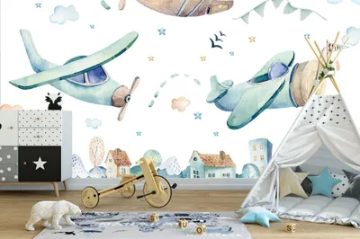 Produktbild von Deco-Wall | Viles Fototapete- Kinderzimmer | Flugzeuge | 300x200 cm | Wandtapete | Wandsticker für Kinder