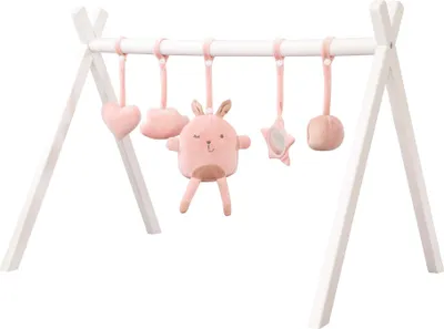 Immagine prodotto di Trapezio da gioco roba, gioco per neonati e trainer di presa secondo il metodo Montessori,  verniciato bianco, arco da gioco universale in legno, con set di giochi "roba Style rosa"