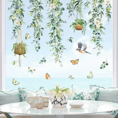 Produktbild von Grüne Wandsticker Hangende Weinrebe Wandsticker Sommer Wandsticker Vögel Blätter Pflanzen Vögel Schmetterlingsabwehr Wandsticker Glaswanddekoration Sticker