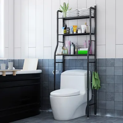 Produktbild von keepgogo Waschmaschinenregal Bad Standregal, Metall, Schwarz, 153x48x26cm, 3 Ablageböden, 3 Haken, ohne Bohren, verstellbare Füße