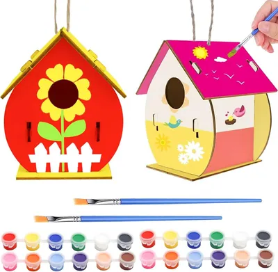 Produktbild von Holzvogelhaus-Bausatz 2er Set Holzvogelhäuser Holzspielzeug Vogelhaus-Kunstset Holz Vogelhaus Basteln für Kinder
