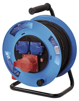 Venkovní prodlužovací kabel na bubnu 25 m / 3 zásuvky / černý / guma / 230V/400V / 1,5 mm2