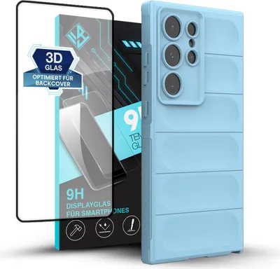 Produktbild von Handy Hülle für Samsung Galaxy S24 Ultra mit 9H Displayglas Displayschutz Plus Grip Case Cover Schutzhülle Softgrip Farbe: Hellblau