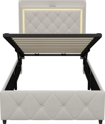 Obrázek produktu pro postel 90 x 200 cm s úložným prostorem, LED osvětlením, USB připojením, hydraulickým úložným prostorem a čelem, béžová barva