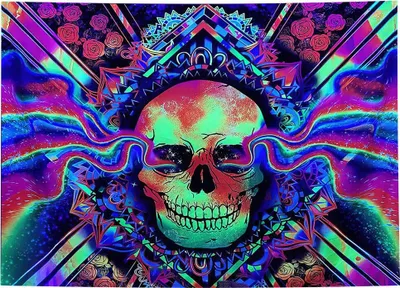 Zdjęcie produktu dla Dekoracja ŚCIENNA UV OBRAZ Fluorescencyjny GOBELIN ODBLASK 150x150cm Czacha