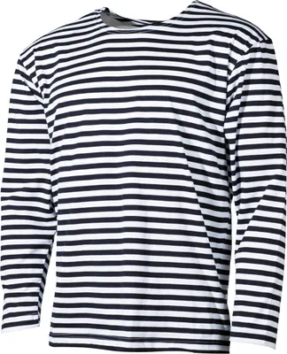 A long-sleeved, striped shirt is shown against a white background.