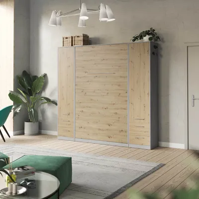 Produktbild von SMARTBett Wohnwand Set mit Schrankbett Standard 140x200 Vertikal + 2 x 50-Schränke Beton/Wildeiche