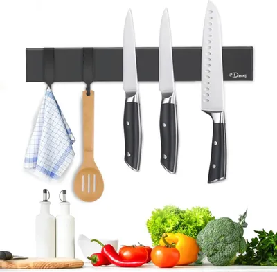 Zdjęcie produktu dla Magnetyczny uchwyt na nóż 25 cm z 2 haczykami, czarny magnetyczny uchwyt na nóż o dużej sile magnetycznej