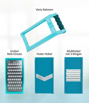 A collage of different attachments for a vegetable slicer.