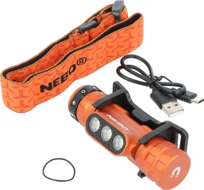 Produktbild von NEBO NEB-HLP-1006-G, Stirnband-Taschenlampe, Orange, Aluminium, Tasten, Drehregler, Ladend, Leistung, 1 m