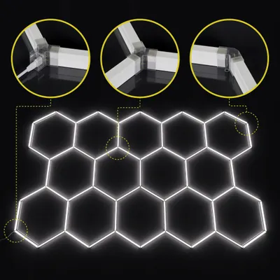 Produktbild von MasterLED Hexagon LED Deckenleuchte – 14S Set – 456W – 420×238 cm – 6500K Kaltweiß – Werkstatt Beleuchtung LED